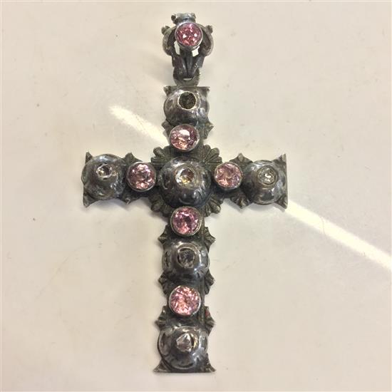 19th century silver, rose cut diamond and gem set cross pendant